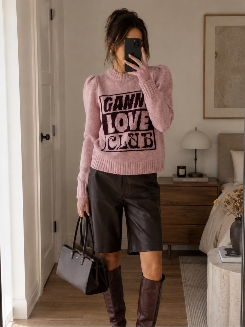 GANNI Pink Logo Knit Sweater Graphic Pullover Crewneck Size S